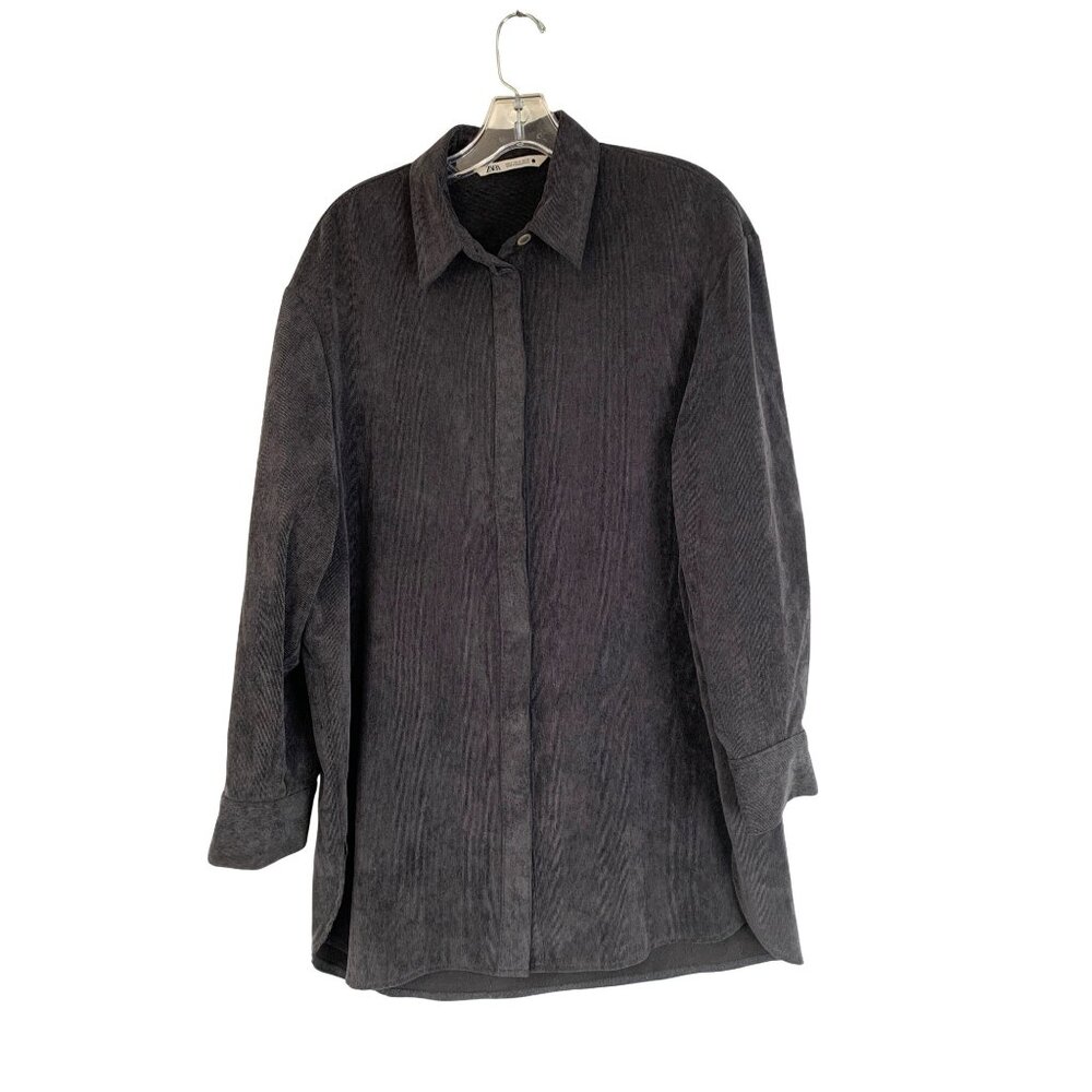 Zara Womens Oversized Corduroy Shirt Dress Tunic M Gray Long Sleeve RFF10663